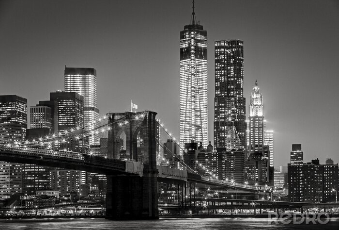 Poster  New York par nuit. Pont de Brooklyn, Lower Manhattan - un Noir