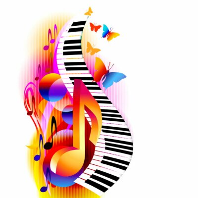 Notes de musique 3D colorées avec clavier de piano et papillon. Fond musical pour affiche, brochure, bannière, flyer, concert, festival de musique