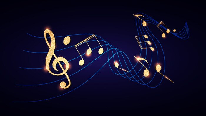 Poster  Notes de musique et clé de sol sur tourbillon. Elemant Design élégant en or.