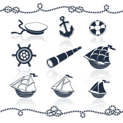 Objets de mer prévu. Vector collection Marine. Navires, ancrage, cordes Spyglass, roues, marin, a bouée de sauvetage. Éléments nautiques isolé sur fond blanc.