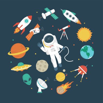 Poster  Objets spatiaux. Astronaute, fusée, planètes, ovnis, satellite, etc.