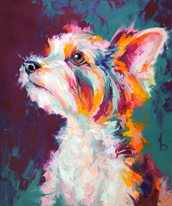 Poster  Oil dog portrait painting in multicolored tones. Conceptual abstract painting of a biewer terrier muzzle. Closeup of a painting by oil and palette knife on canvas.
