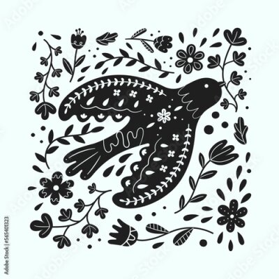 Poster  Oiseau noir dans les ornements floraux