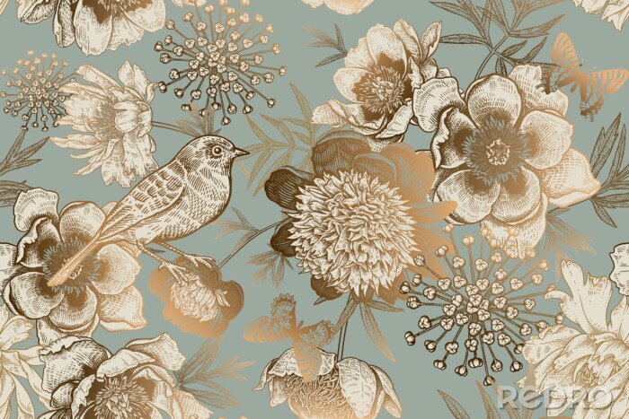 Poster  Oiseau parmi fleurs et papillons de style vintage