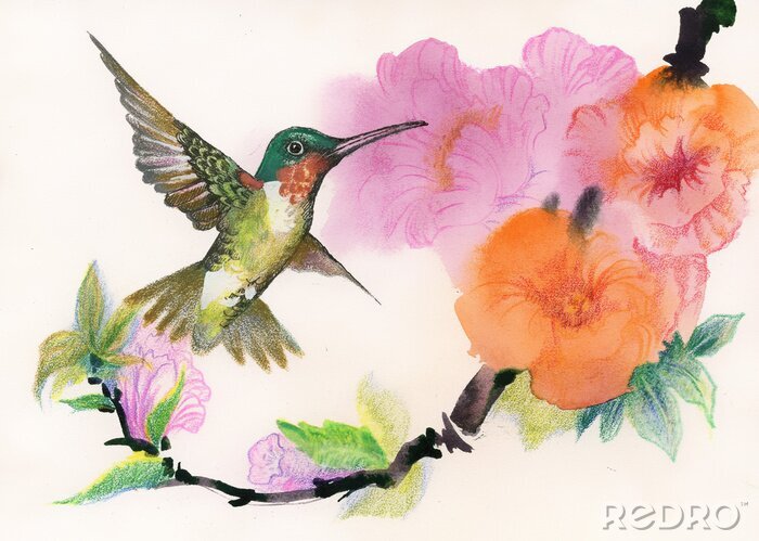 Poster  Oiseau volant vers de belles fleurs