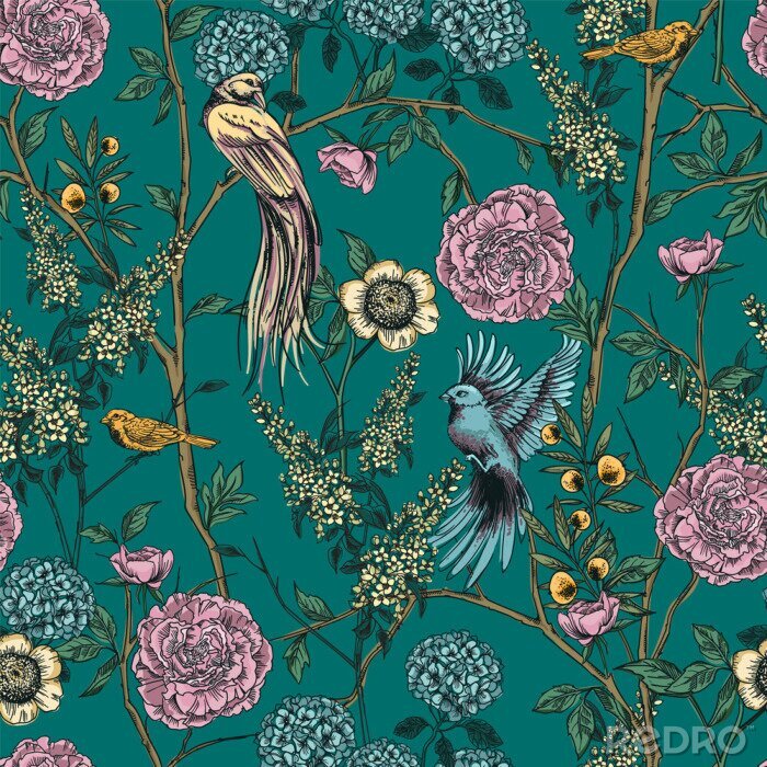 Poster  Oiseaux colorés sur des arbres avec des fleurs