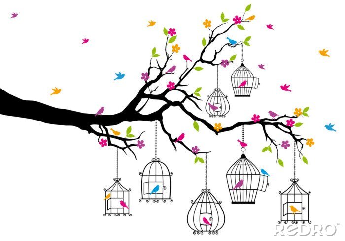 Poster  Oiseaux dans des cages sur un arbre