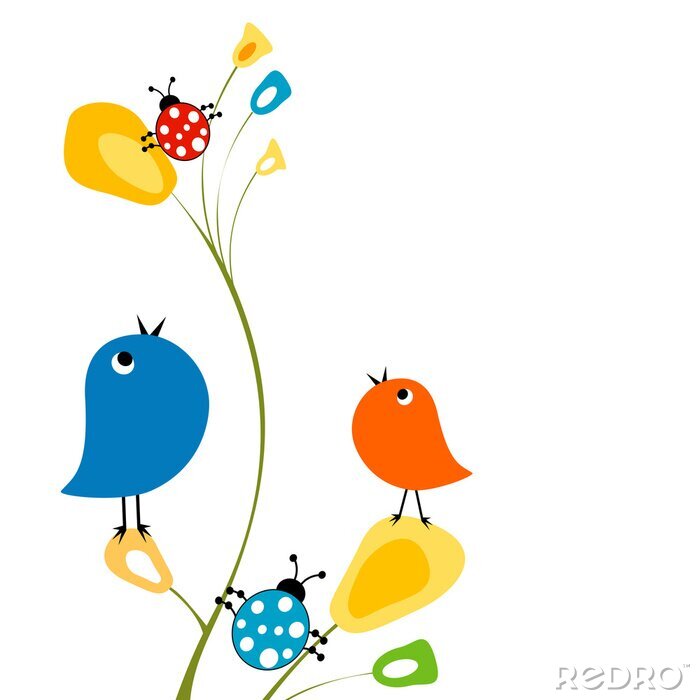 Poster  Oiseaux et coccinelles multicolores sur des fleurs