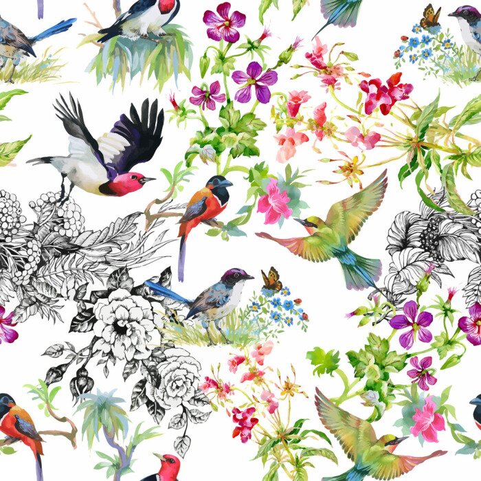 Poster  Oiseaux et fleurs de différentes nuances