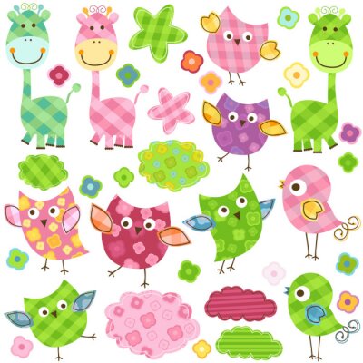 Sticker  Oiseaux et hiboux colorés de girafe