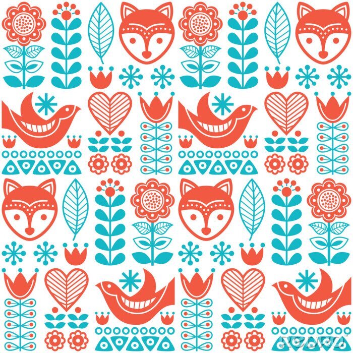 Poster  Oiseaux oranges et renards aux plantes bleues