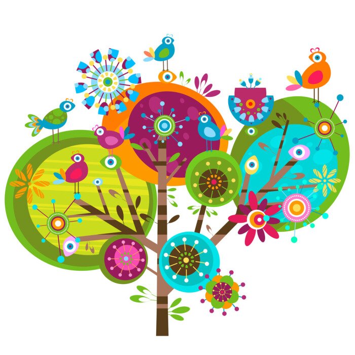 Poster  Oiseaux sur un graphique abstrait arbre arc-en-ciel