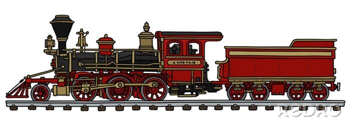 Poster  Old Red locomotive à vapeur américain / dessin à la main, illustration vectorielle