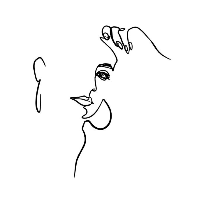 Poster  One Line Woman's Face and Hand. Continuous line Portrait of a girl In a Modern Minimalist Style. Vector Illustration young female. For printing on t-shirt, Web Design, beauty Salons, Posters
