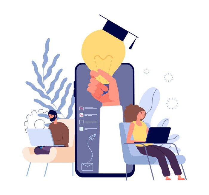 Poster  Online education. Distance learning students, e learning concept. People studying with laptops and tablets vector illustration. Education student online, distance university e-learning