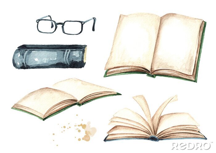 Poster  Open books and reading glasses collection. Watercolor hand drawn illustration isolated on white background