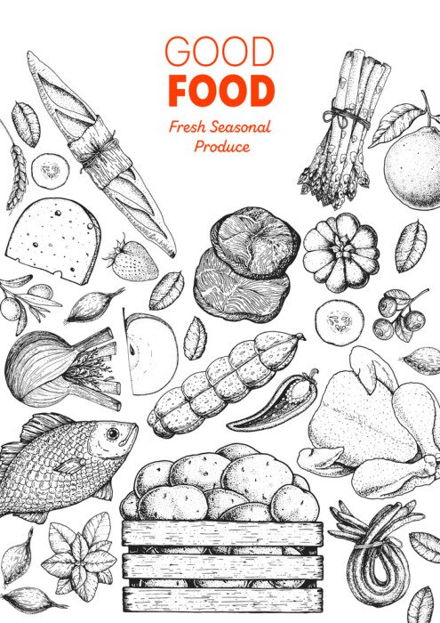 Poster  Organic food illustration. Farmers market design elements. Hand drawn sketch. Various food frame. Good food store concept.