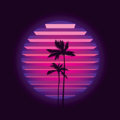 Sticker  Original vector illustration in neon style. Palm trees on the background of a neon sunset in the retro style of the 80's. T-shirt design.