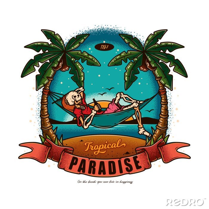 Poster  Original vector illustration in vintage style. Skeleton lying in a hammock with a bottle of beer in his hands, against the palm trees, the sea.