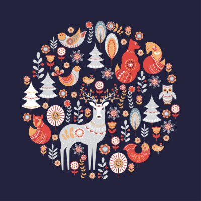 Poster  Ornement circulaire décoratif avec des animaux, des oiseaux, des fleurs et des arbres.
