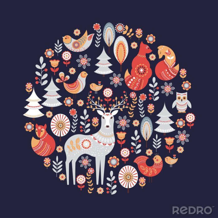 Poster  Ornement circulaire décoratif avec des animaux, des oiseaux, des fleurs et des arbres.