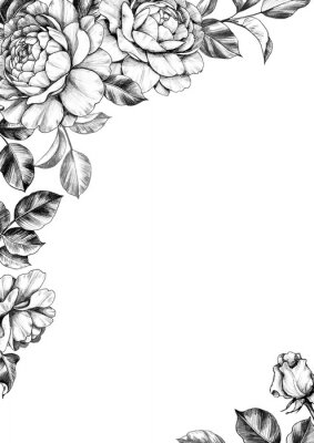 Poster  Ornement fleur rose noir et blanc