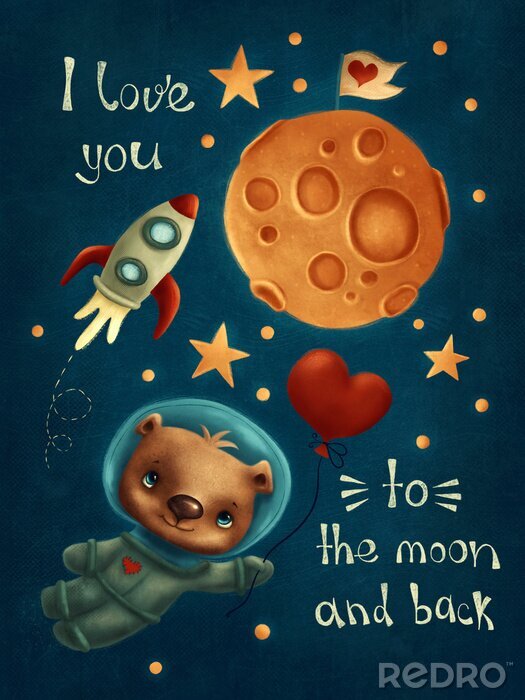 Poster  Ours cosmonaute dans l'espace avec coeur de ballon