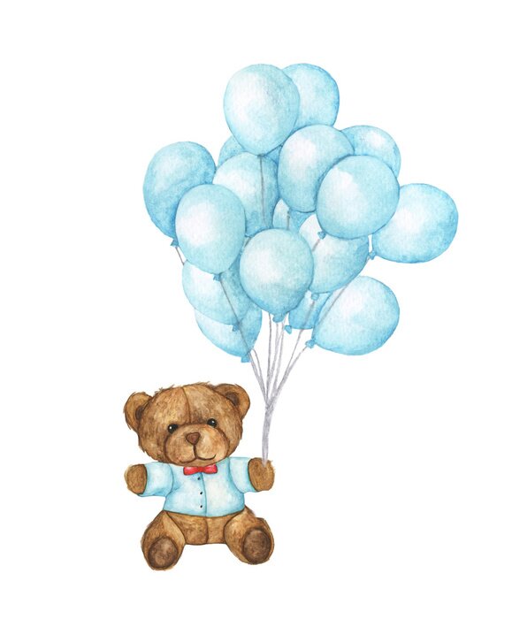 Poster  Ours en peluche dans un pull bleu et avec des ballons bleus
