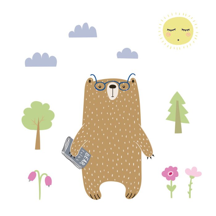 Poster  Ours en peluche sérieux avec des lunettes et un livre