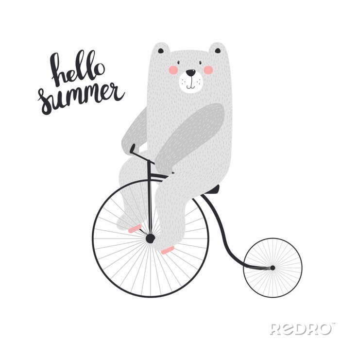 Poster  Ours mignon à vélo avec texte bonjour l'été. Illustration vectorielle