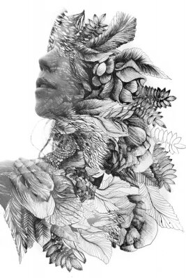 Poster  Paintography. Double exposure close up portrait of a young natural beauty, with face and hair combined with hand drawn leaves and flowers dissolving into the background, black and white