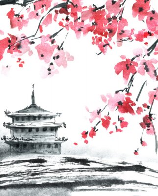 Poster  Palais oriental entouré de cerisiers en fleurs
