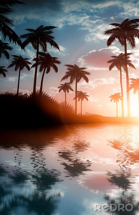 Poster  Palmiers au coucher du soleil reflétés dans l'eau