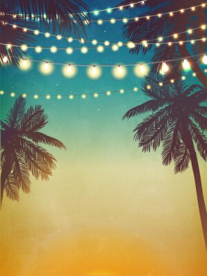 Poster  Palmiers avec des lanternes sous le ciel nocturne