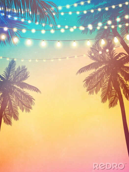 Poster  Palmiers et lampes au coucher du soleil
