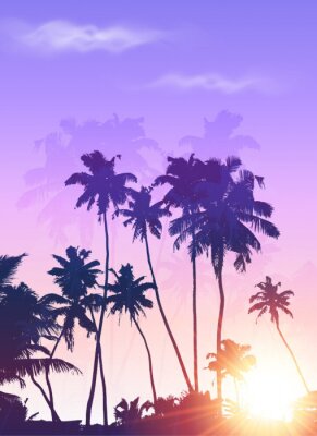 Poster  Palmiers tropicaux avec un lever de soleil en arrière-plan
