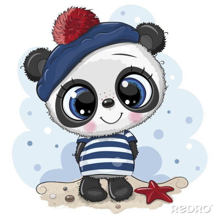Poster  Panda aux grands yeux bleus dans un béret
