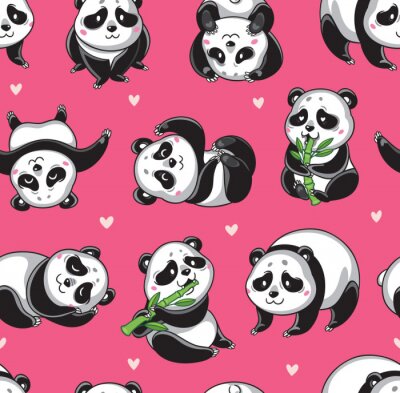 Pandas avec bambou sur fond rose