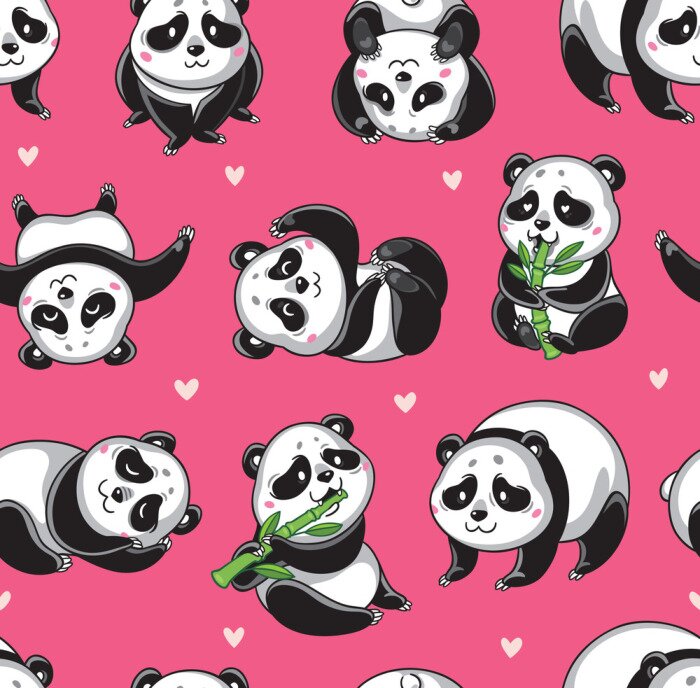 Poster  Pandas avec bambou sur fond rose