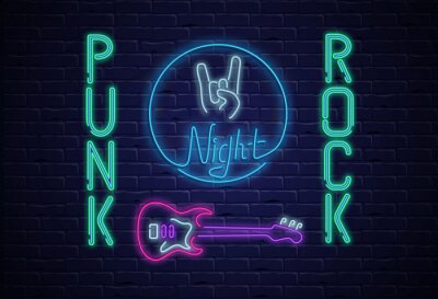 Poster  Panneau coloré néon punk rock sur le mur de maçonnerie noir.