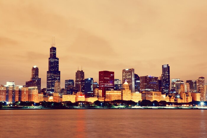 Poster  Panorama Chicago de nuit vintage