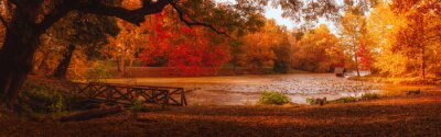 Poster  Panorama d'automne avec un pont en bois