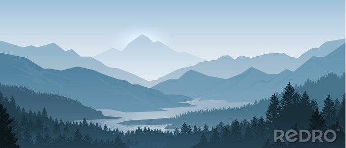 Poster  Panorama de montagnes en bleu