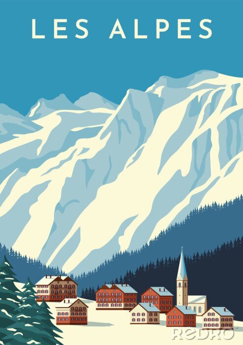 Poster  Panorama de montagnes en style rétro