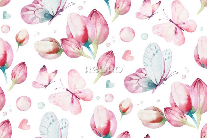 Poster  Papillons aquarellés au milieu de fleurs sur un fond blanc