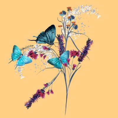 Poster  Papillons bleus et un brin de fleurs