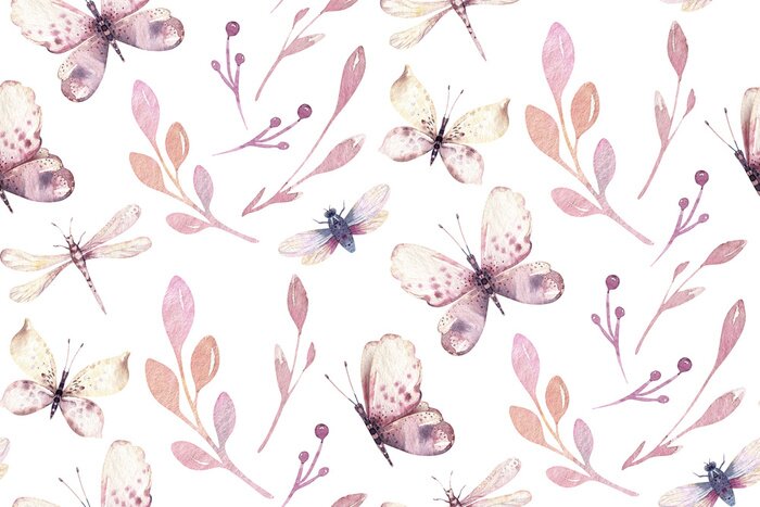 Poster  Papillons colorés peints à l'aquarelle sur un fond blanc