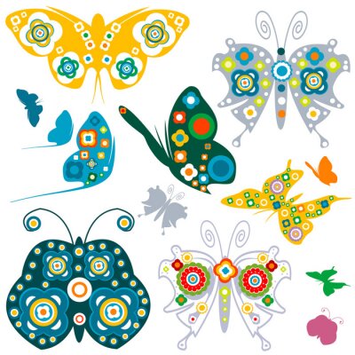 Papillons multicolores avec des fleurs sur les ailes