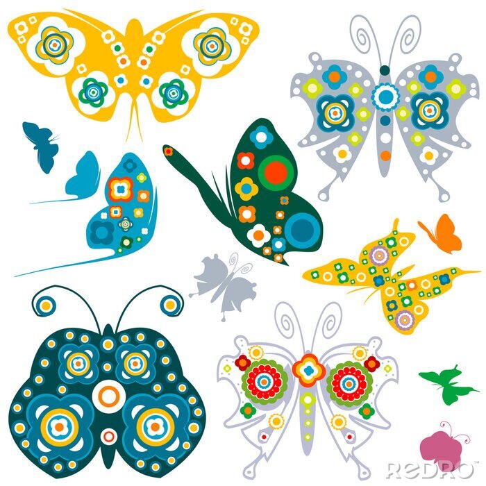 Poster  Papillons multicolores avec des fleurs sur les ailes