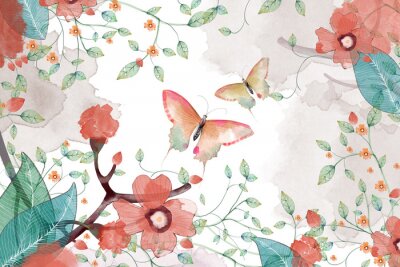 Poster  Papillons pastel et fleurs rouges